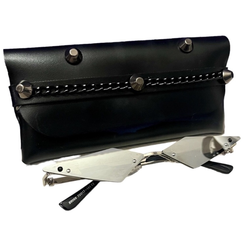 Black & silver gothic sunglasses thunder frames & stud black chain leather pouch